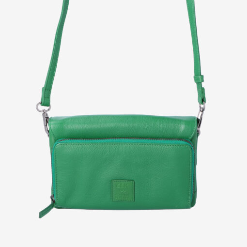 back view green leather bag